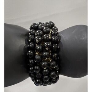 Glass Bead Expandable Bracelet Black Round Cha Cha Dangle Gold Tone Japan Capri